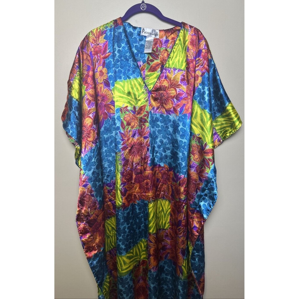 Vintage Patricia Leigh Satin Kaftan Cover Up Blue Orange Yellow Floral One Size